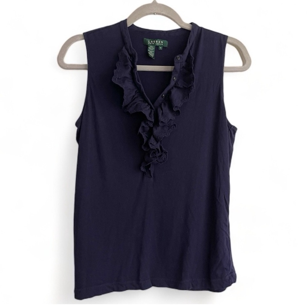 Lauren Ralph Lauren Navy Ruffle V-Neck Sleeveless Tank